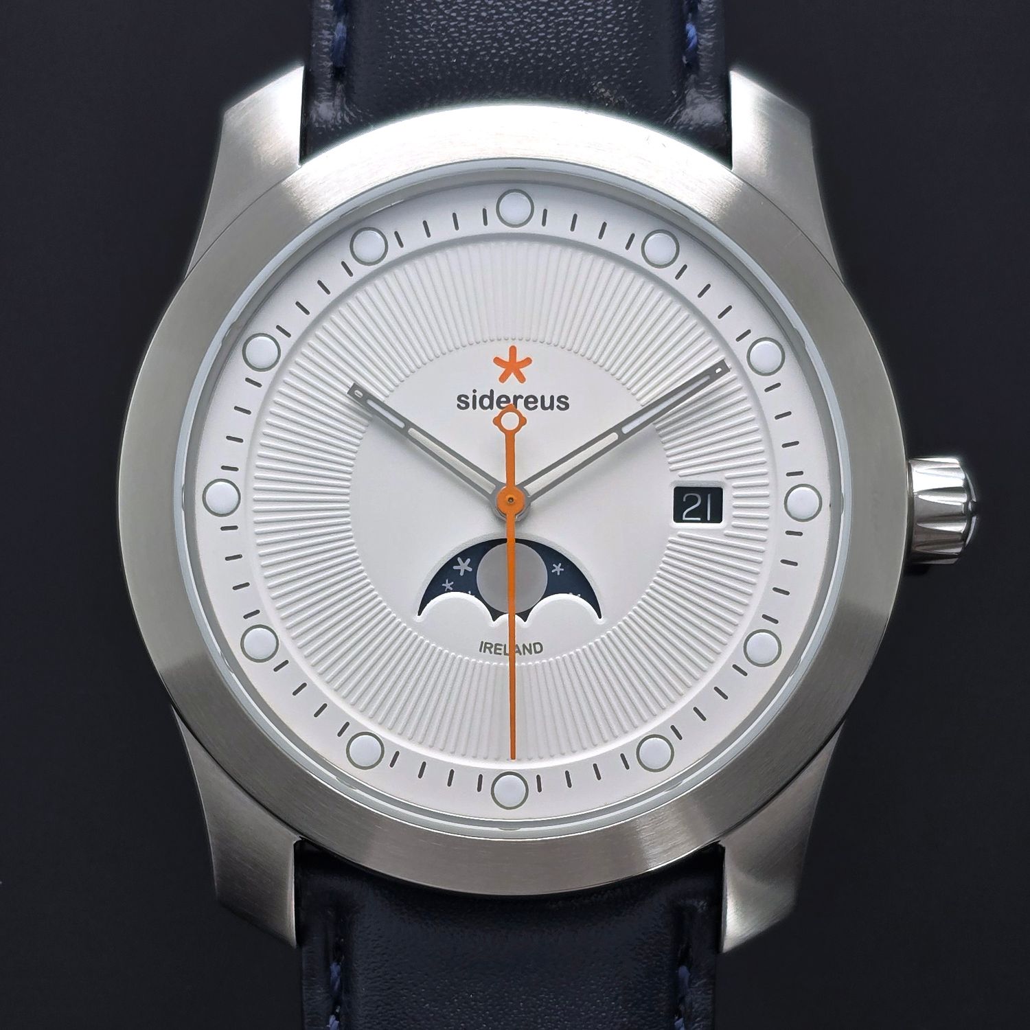 Newgrange Moon Phase with a Brushed Finish and a Quartzite White Dial 15/50