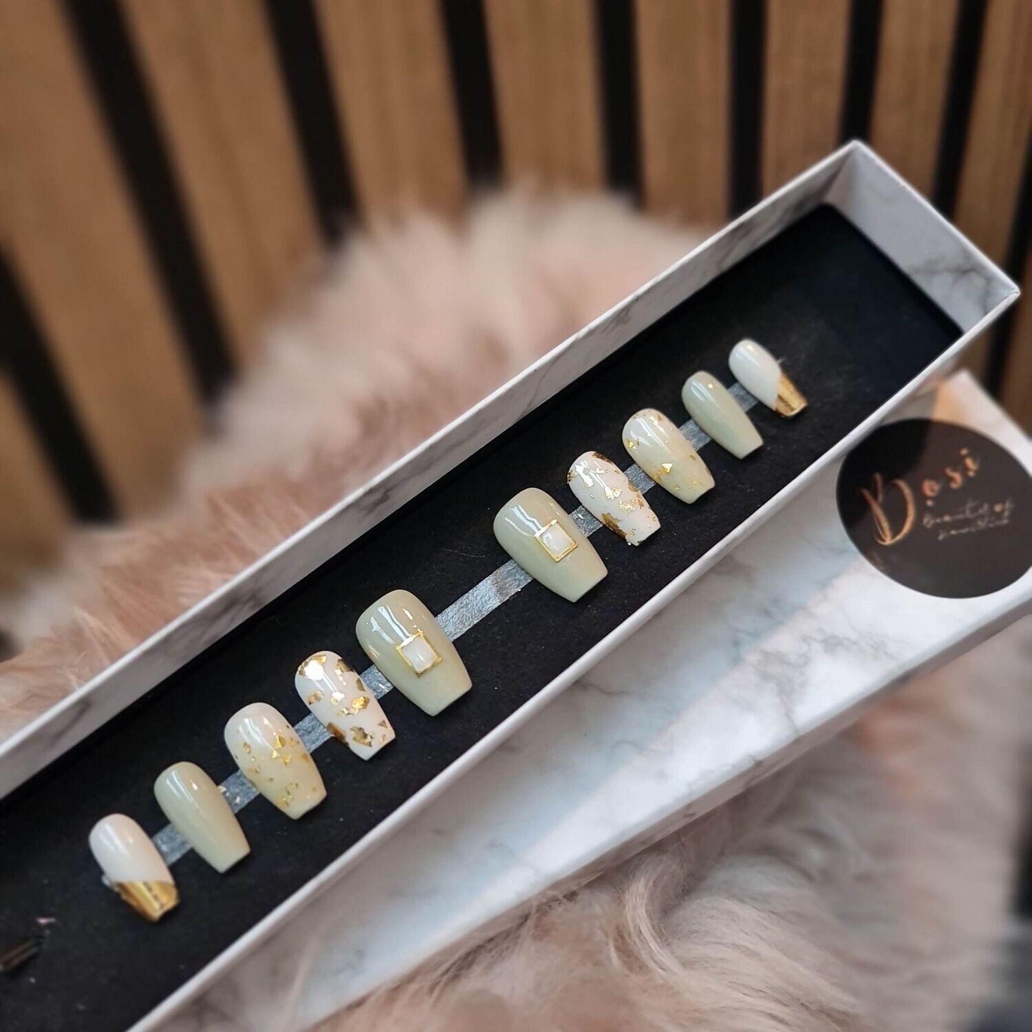 Sage and Cream Stick on Nails, Medium, Short Coffin Style