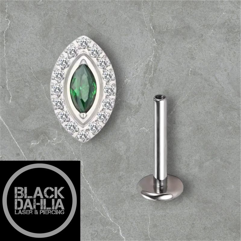 Oval Green/Clear Zirconia Marquise Internally Threaded Titanium Labret 16G