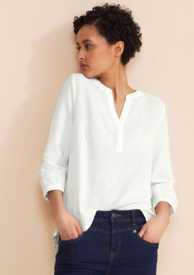 Street One LS_Solid Splitneck blouse w ga off white A344478