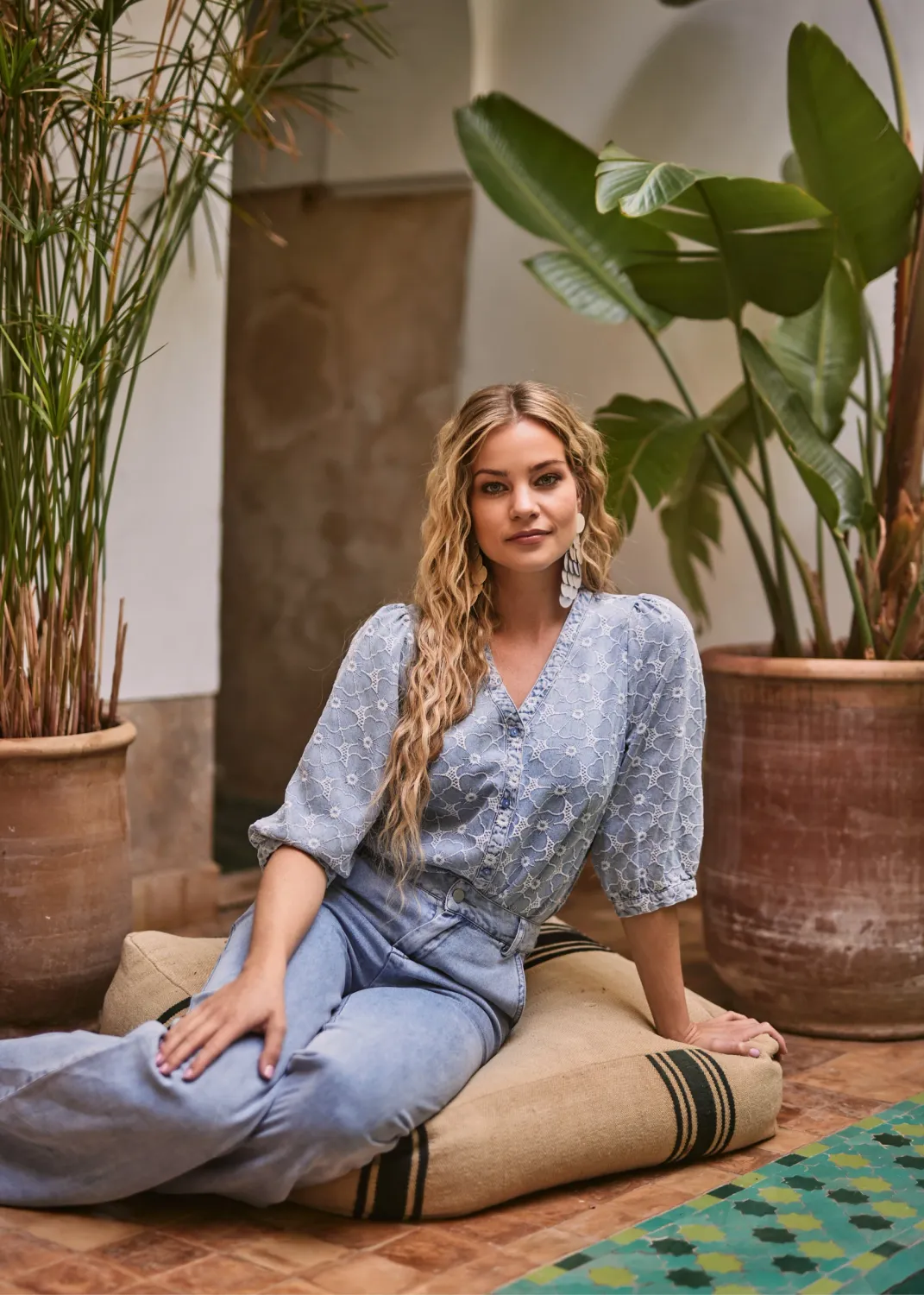 Freebird Blouse Dnm- Tencel-Embro-25-1 Mid blue Basha Ss