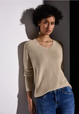 Street One LTD_QR_lurex v-neck sweater cotton beige A303220