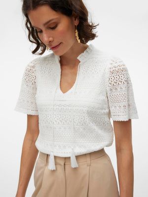 Vero Moda VMHONEY LACE S/S TASSEL TOP WVN GA Snow White/Original 10309263