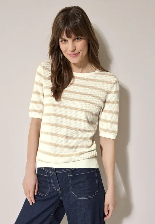 Cecil TOS_Structure stripe Roundneck pearl beige B303240