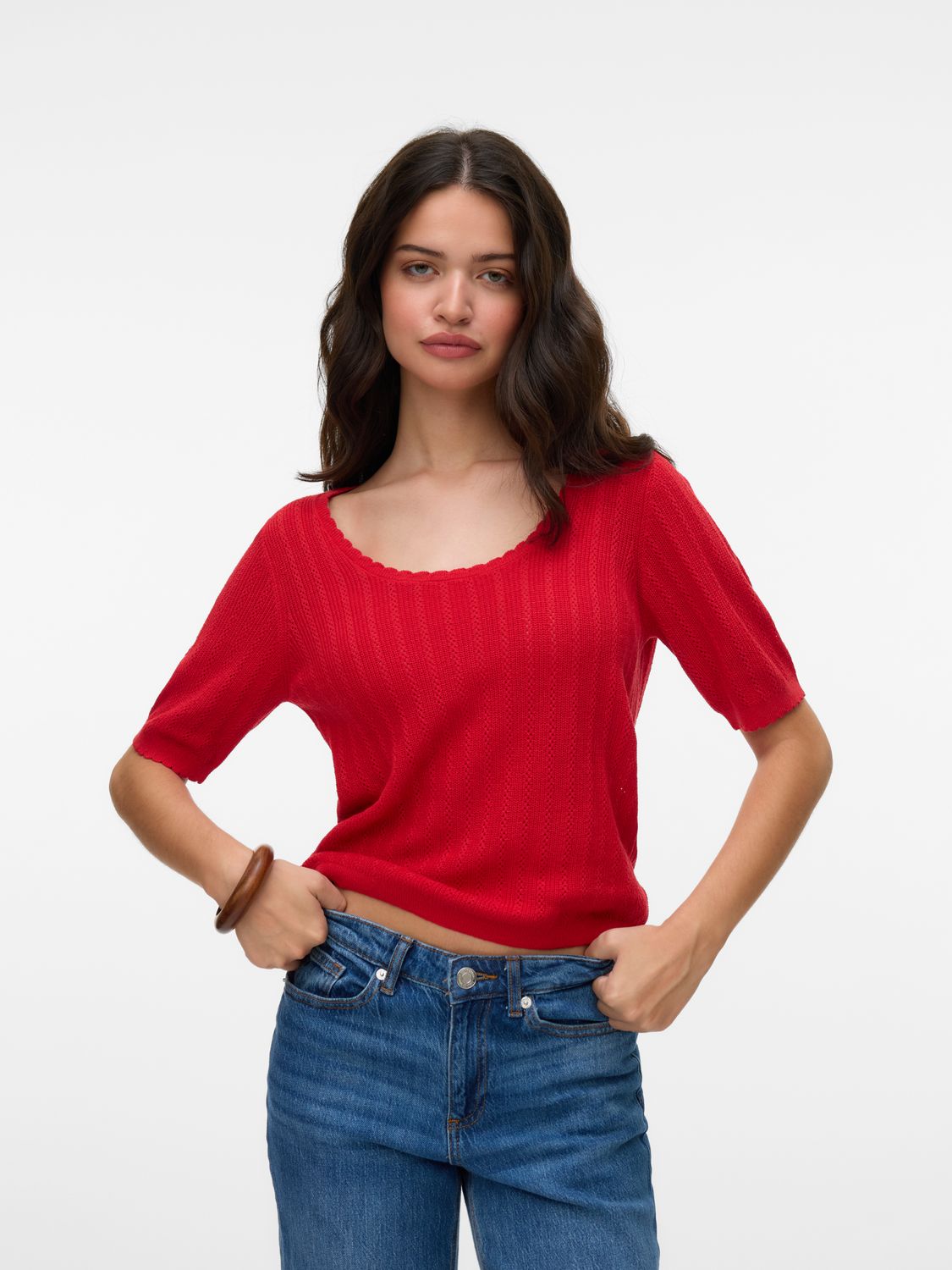 Vero Moda VMLUXLIGHT POINTELLE SS U-NECK PULL: Fiery Red 10330852