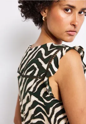 Street One LTD QR printed volant top w.cr pine grove green A323570