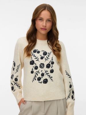Vero Moda VMJUTA LS O-NECK EMBRODERY PULLOVER Birch/W. BLACK 10334853