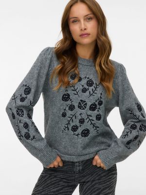 Vero Moda VMJUTA LS O-NECK EMBRODERY PULLOVER Medium Grey Melange/W. BLACK 10334