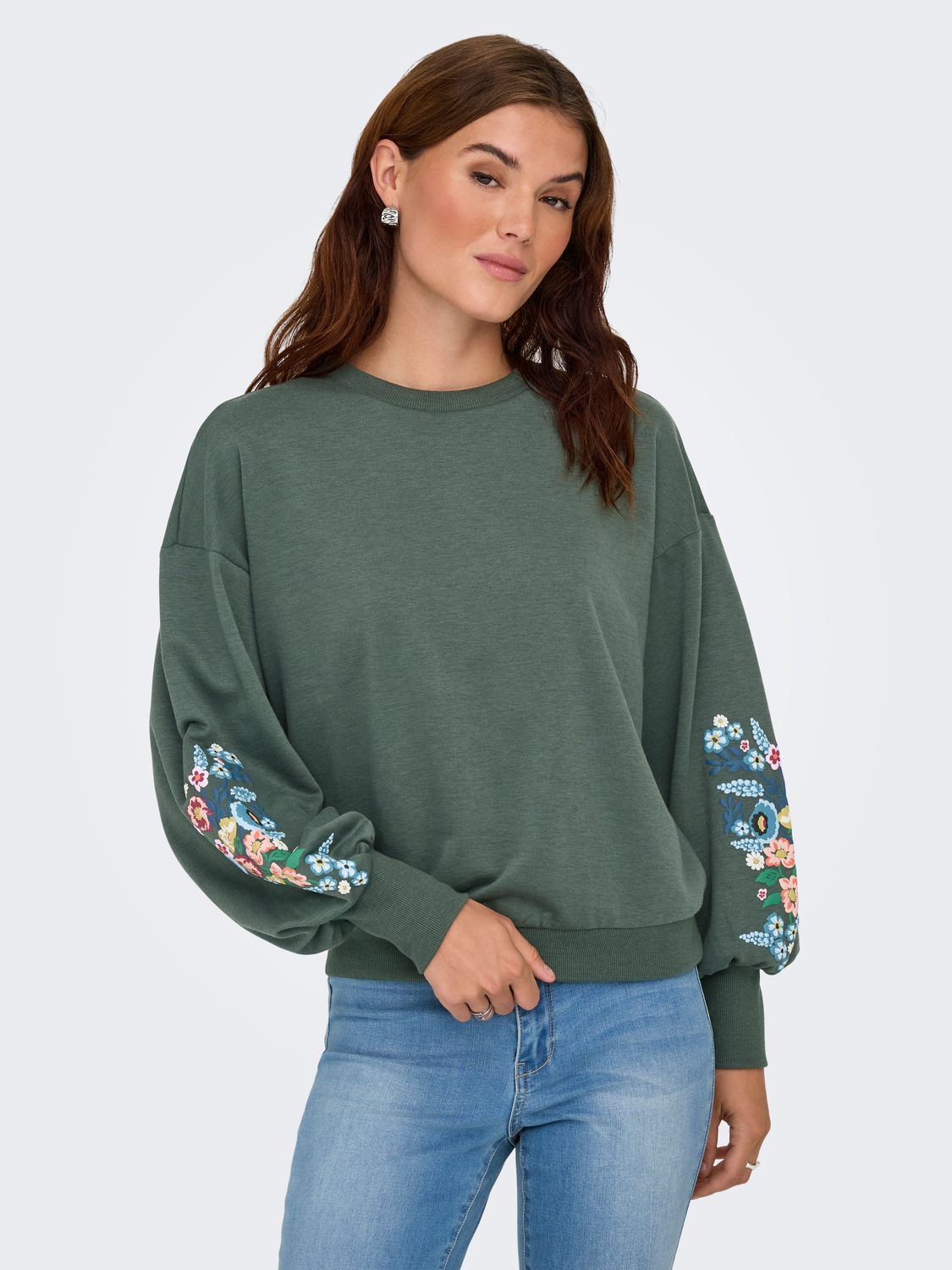 Only ONLBROOKE L/S O-NECK FLOWER SWT NOO: Balsam Green/Sleeve multi flow 1521636
