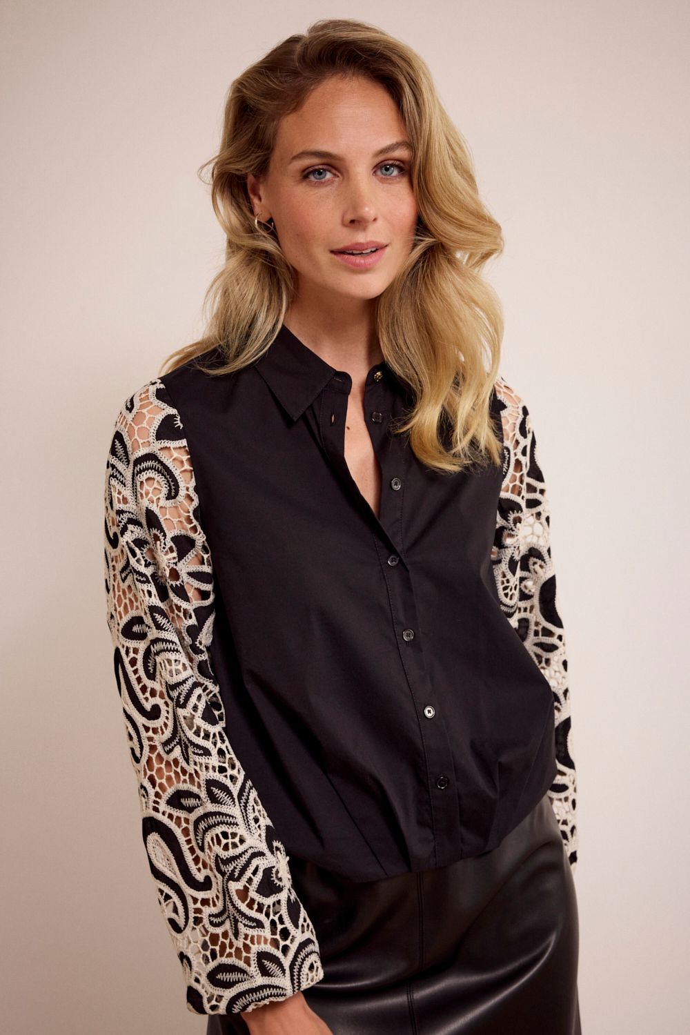 Tramontana Embroidered Sleeve Blouse Black C24-17-401