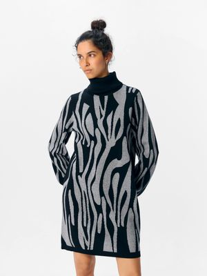 Object OBJRAY L/S KNIT ROLLNECK DRESS AOP : Black/Mgm abstract 23041252