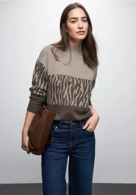 Street One color block jacquard sweater dark nomad brown mel A303479