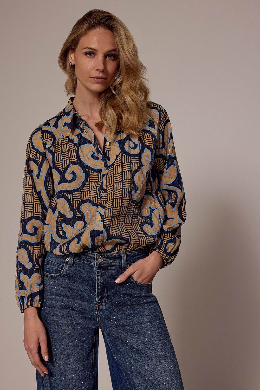 Tramontana Blouse Modern Rococo Tie Detail Print Blues C15-18-301