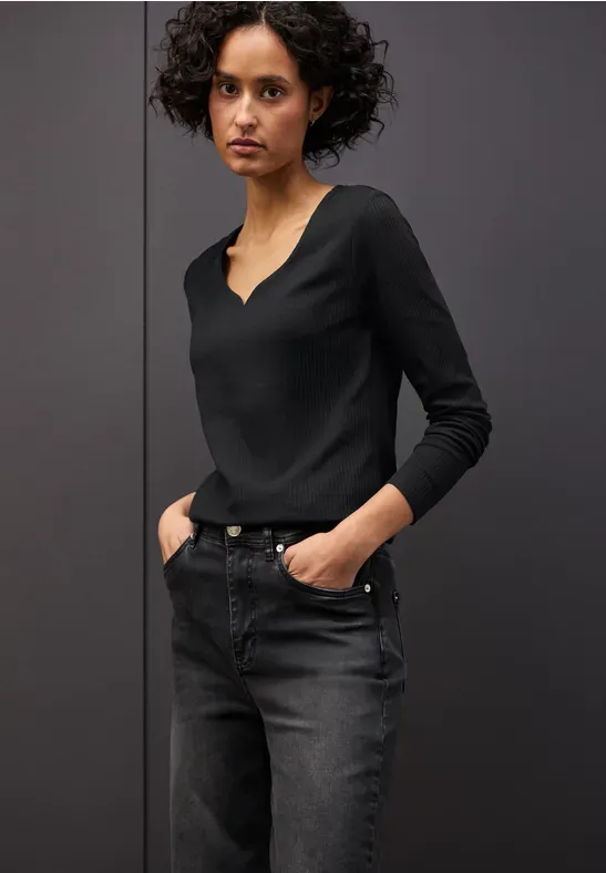 Street One LTD QR heart shape rib shirt l Black A324167