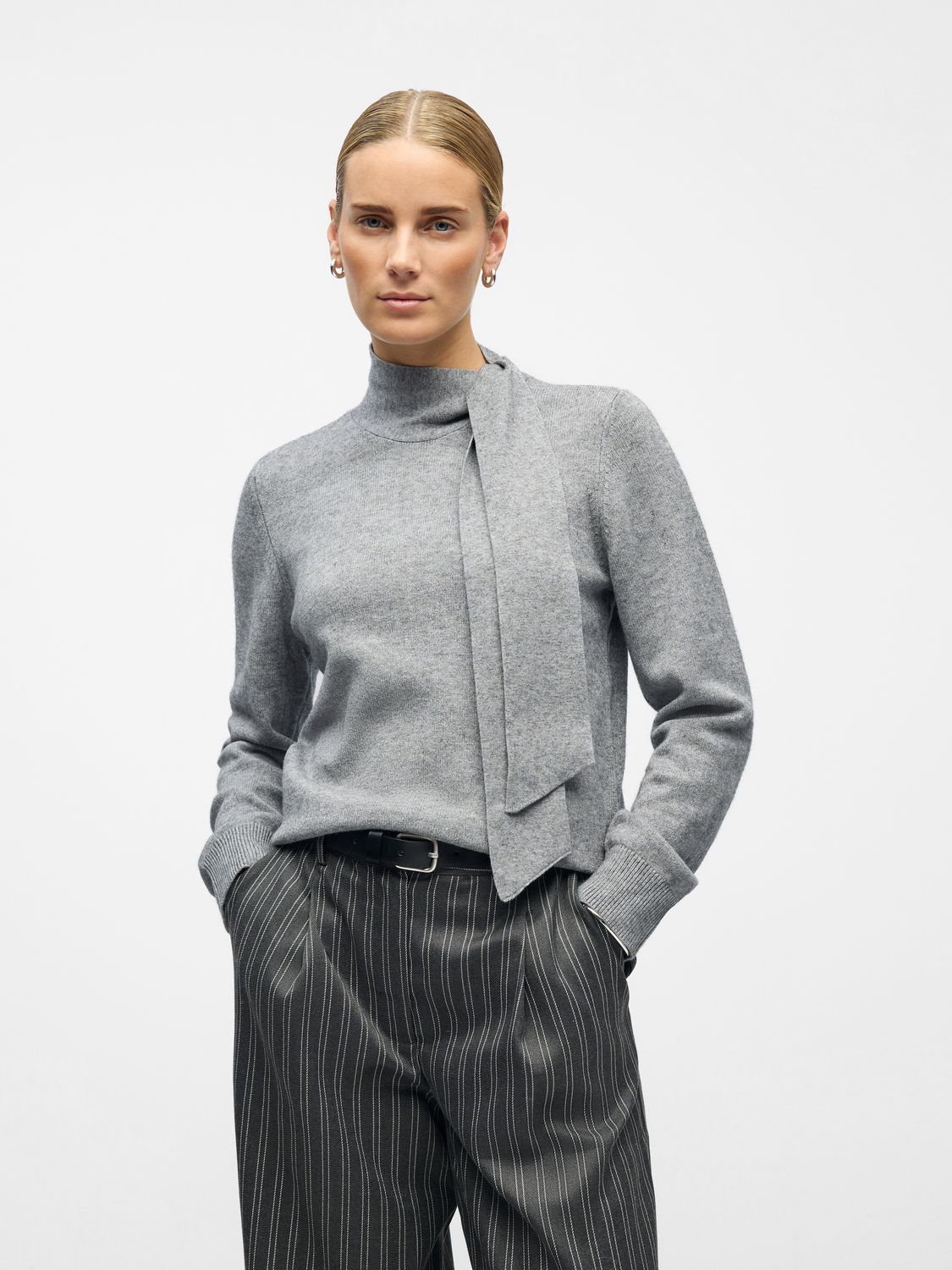 Object OBJTHESS L/S RE BOW KNIT PULLOVER N: Medium Grey Melange 23048077