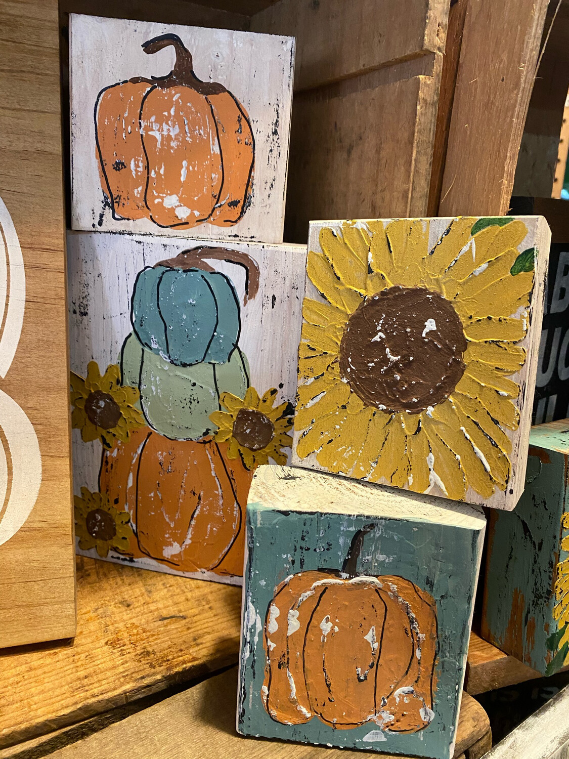 Palette Knife Painted Blocks Pumpkins &amp; Sunflowers