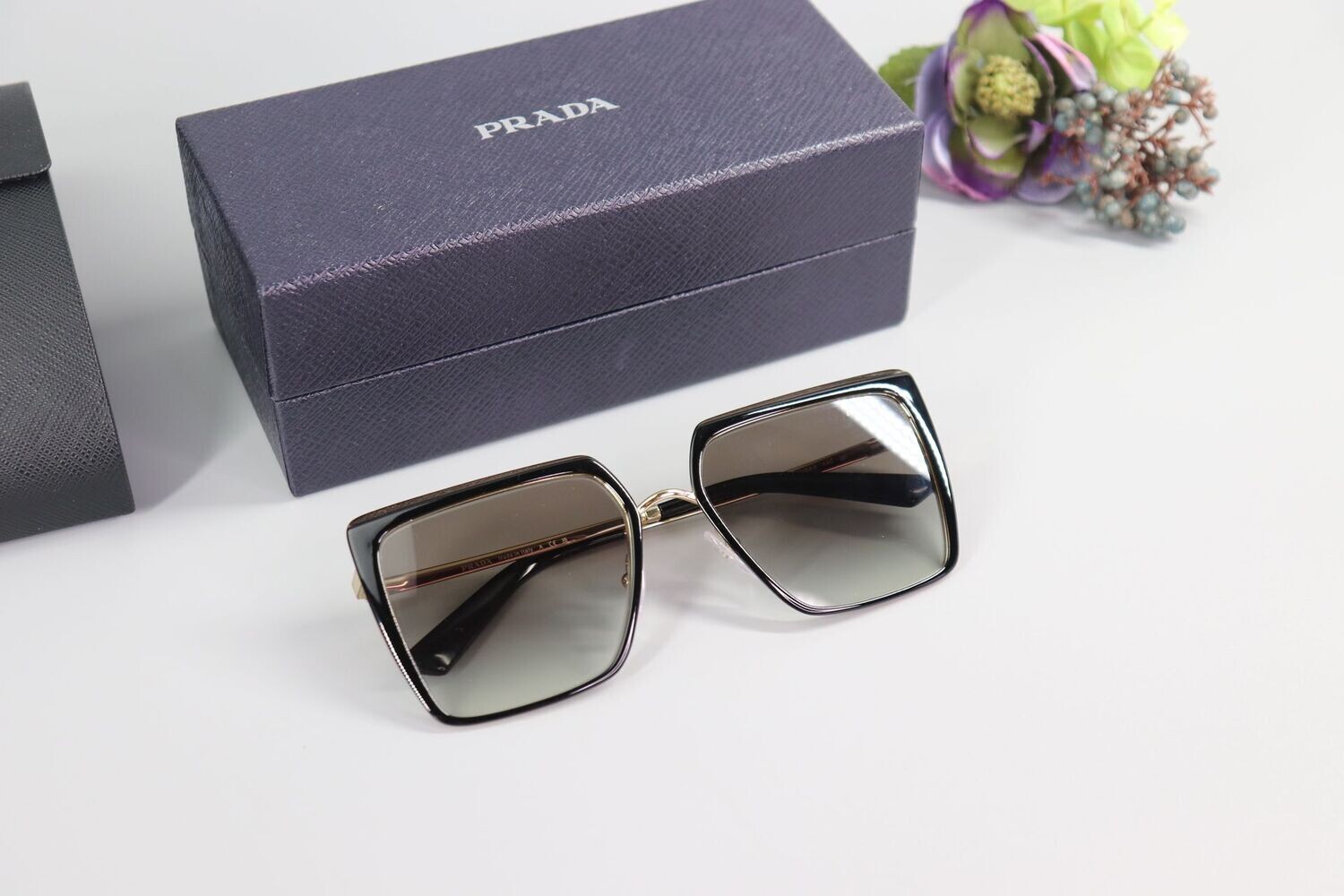 *NEW* PRADA Sunglasses Black Gold-Grey Lens 57mm