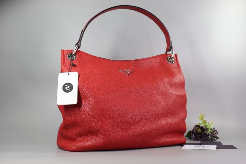 PRADA RED VITELLO DAINO HOBO BAG