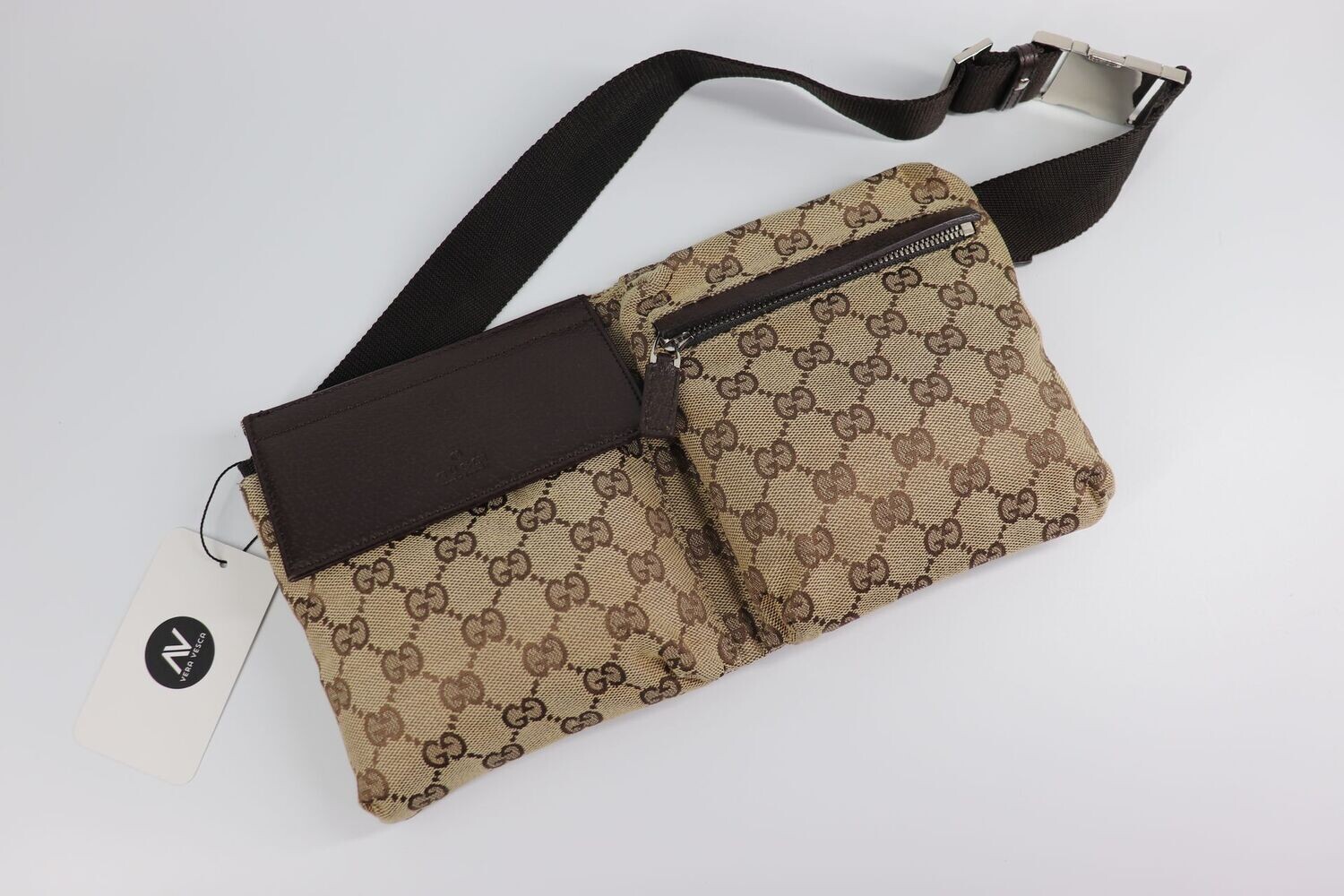 GUCCI
GG Monogram Double Pocket Belt Bag Dark Brown
