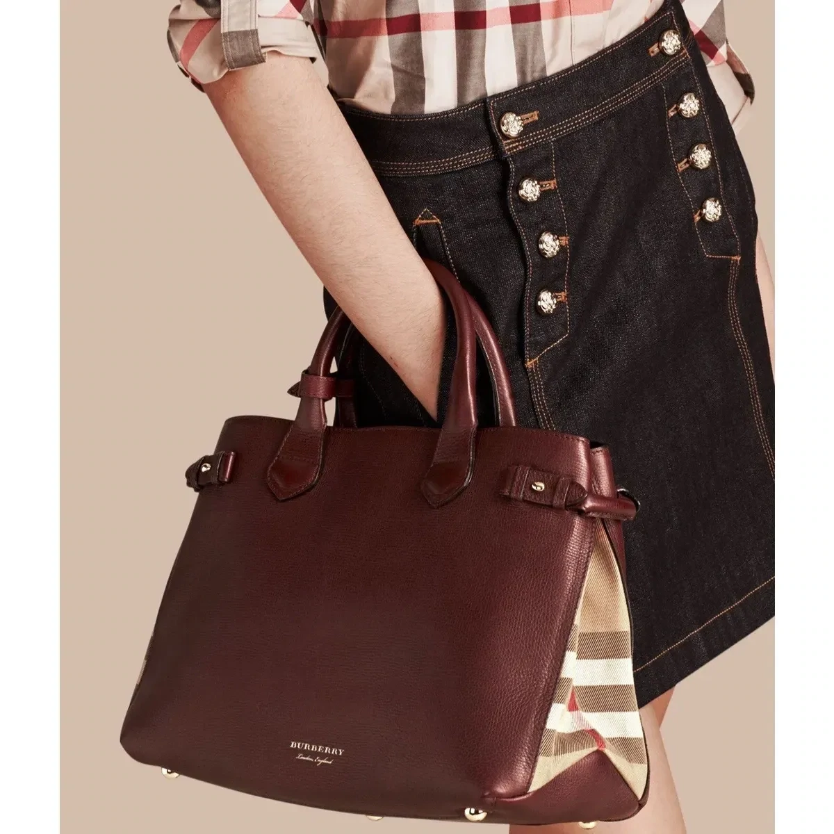 BURBERRY Grainy Calfskin House Check Medium Banner Tote Mahogany Red