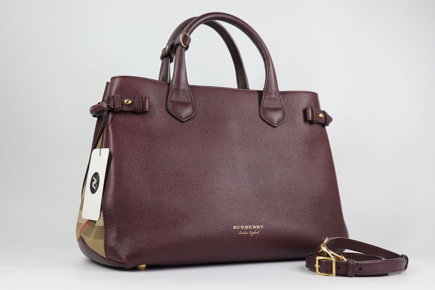 BURBERRY Grainy Calfskin House Check Medium Banner Tote Mahogany Red
