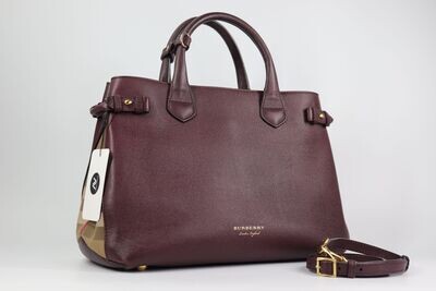 BURBERRY Grainy Calfskin House Check Medium Banner Tote Mahogany Red