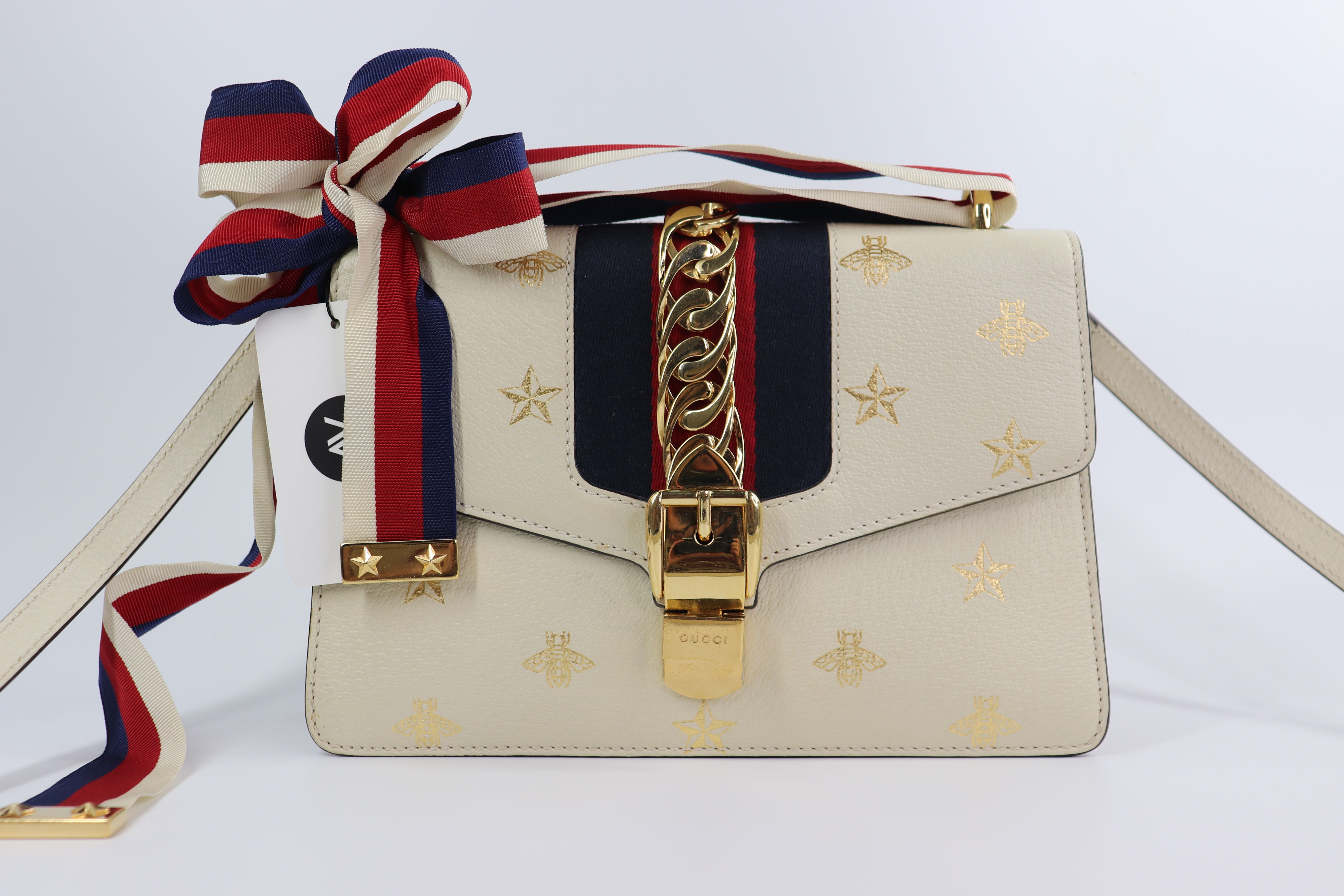Gucci  Textured Calfskin Bee Star Print Small Sylvie Shoulder Bag Mystic White