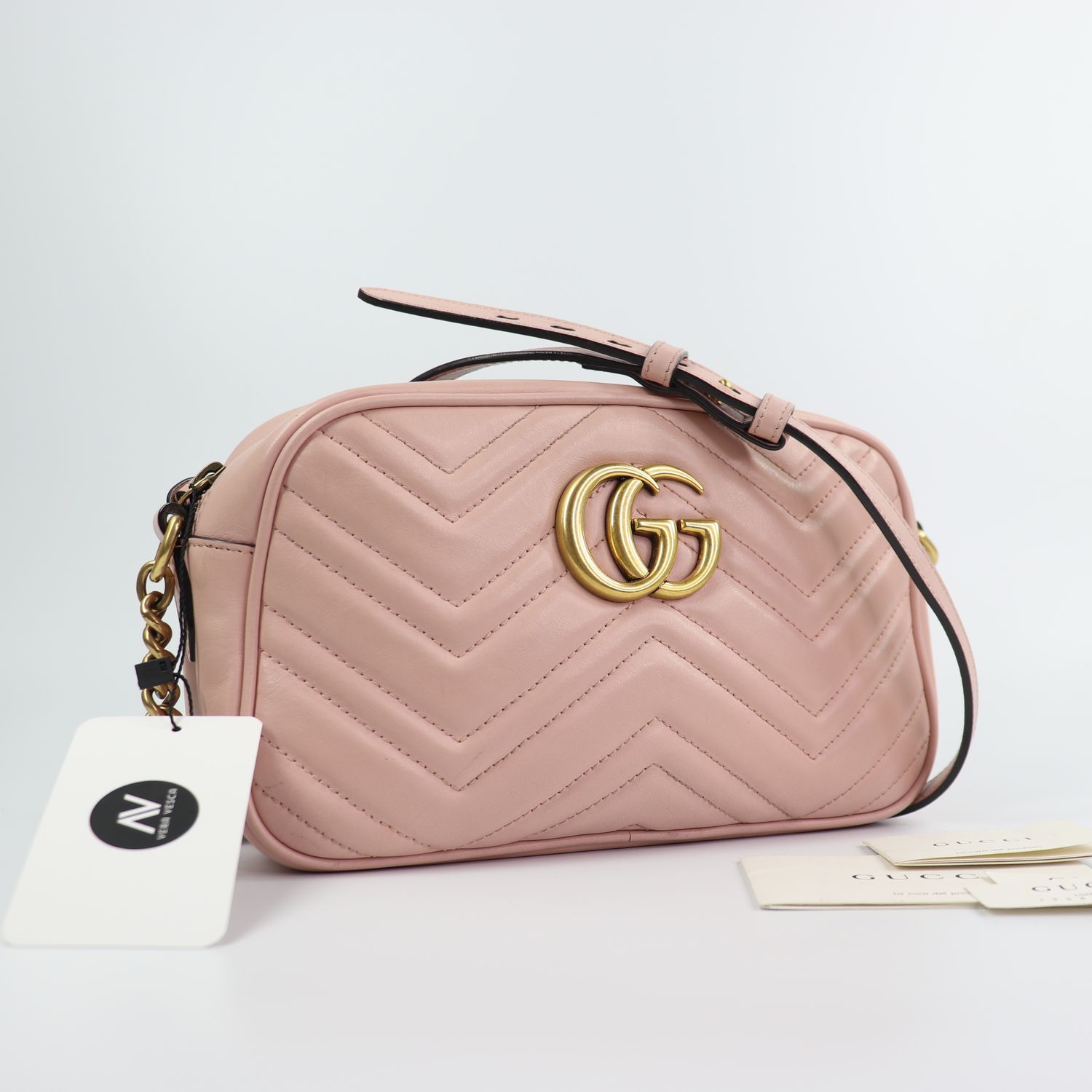 Gucci  Calfskin Matelasse Small GG Marmont Chain Shoulder Bag Perfect Pink