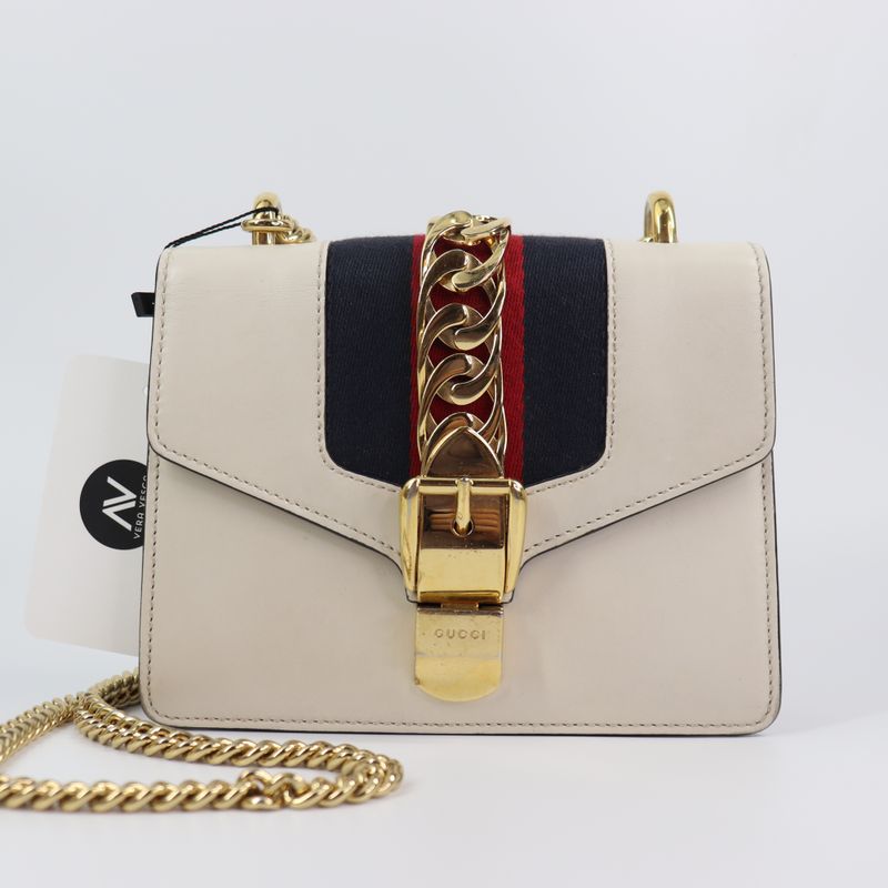 Gucci  Calfskin Mini Sylvie Chain Shoulder Bag White
