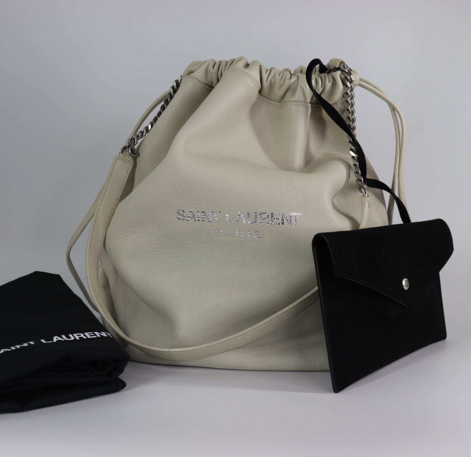 SAINT LAURENT YSL Lambskin Teddy Drawstring Bag Crema Soft
