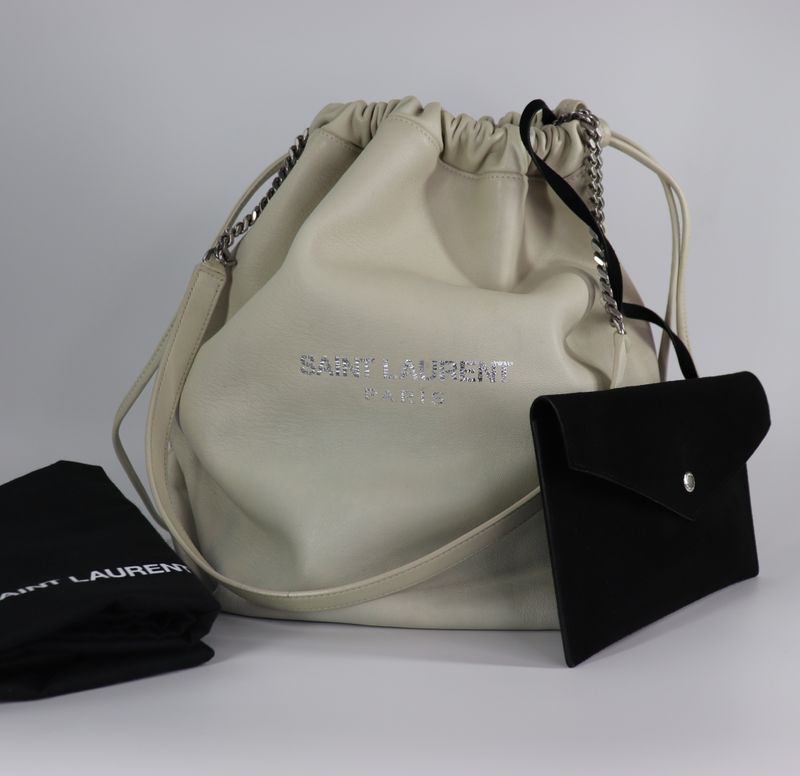 SAINT LAURENT YSL Lambskin Teddy Drawstring Bag Crema Soft