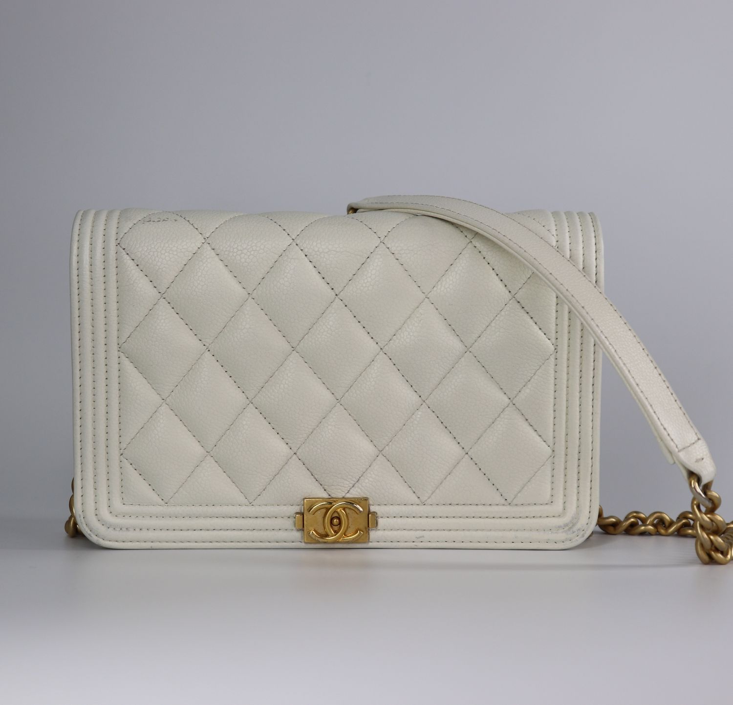 Chanel Caviar Quilted Boy Wallet On Chain WOC White