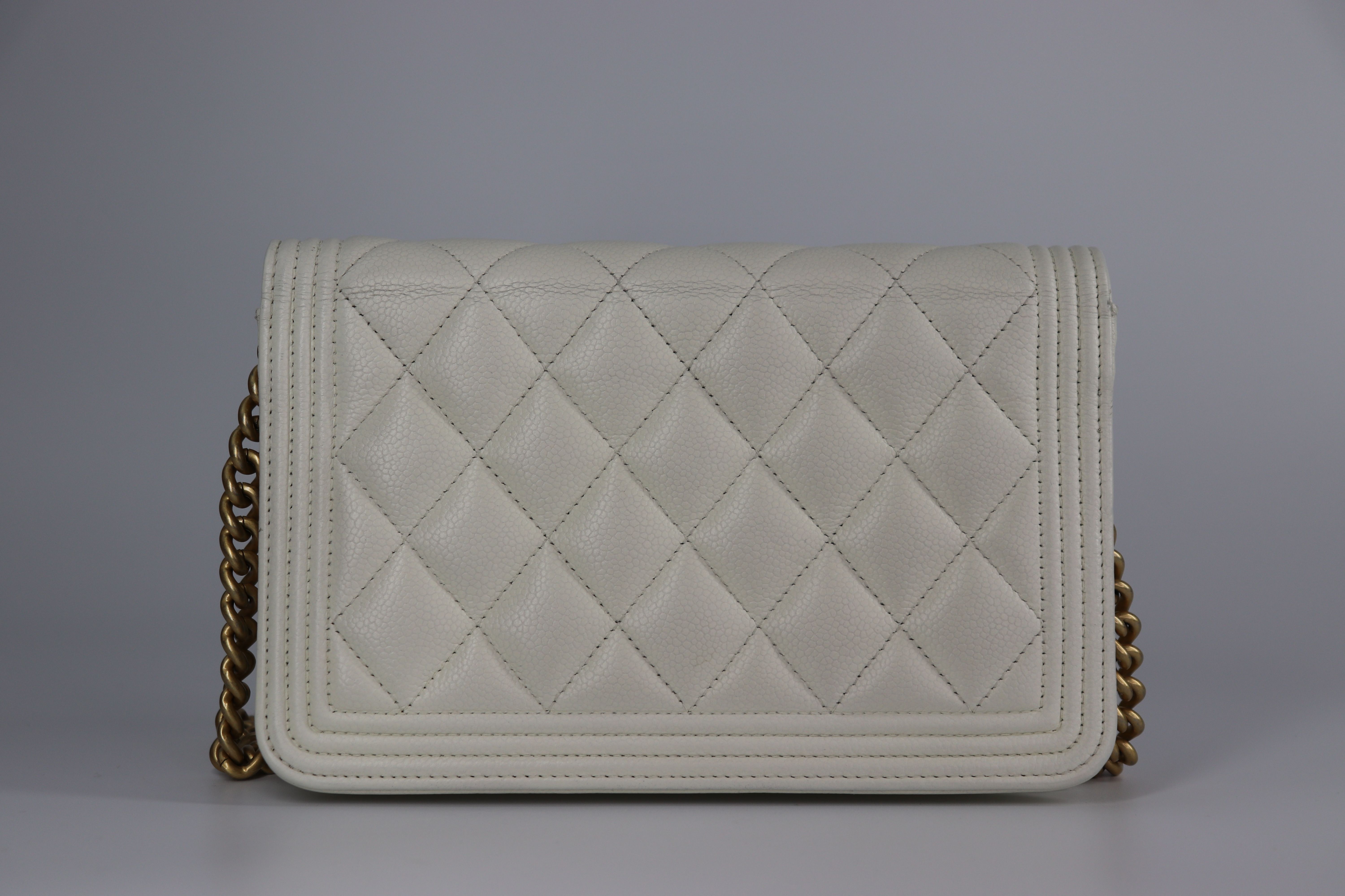 Chanel Caviar Quilted Boy Wallet On Chain WOC White