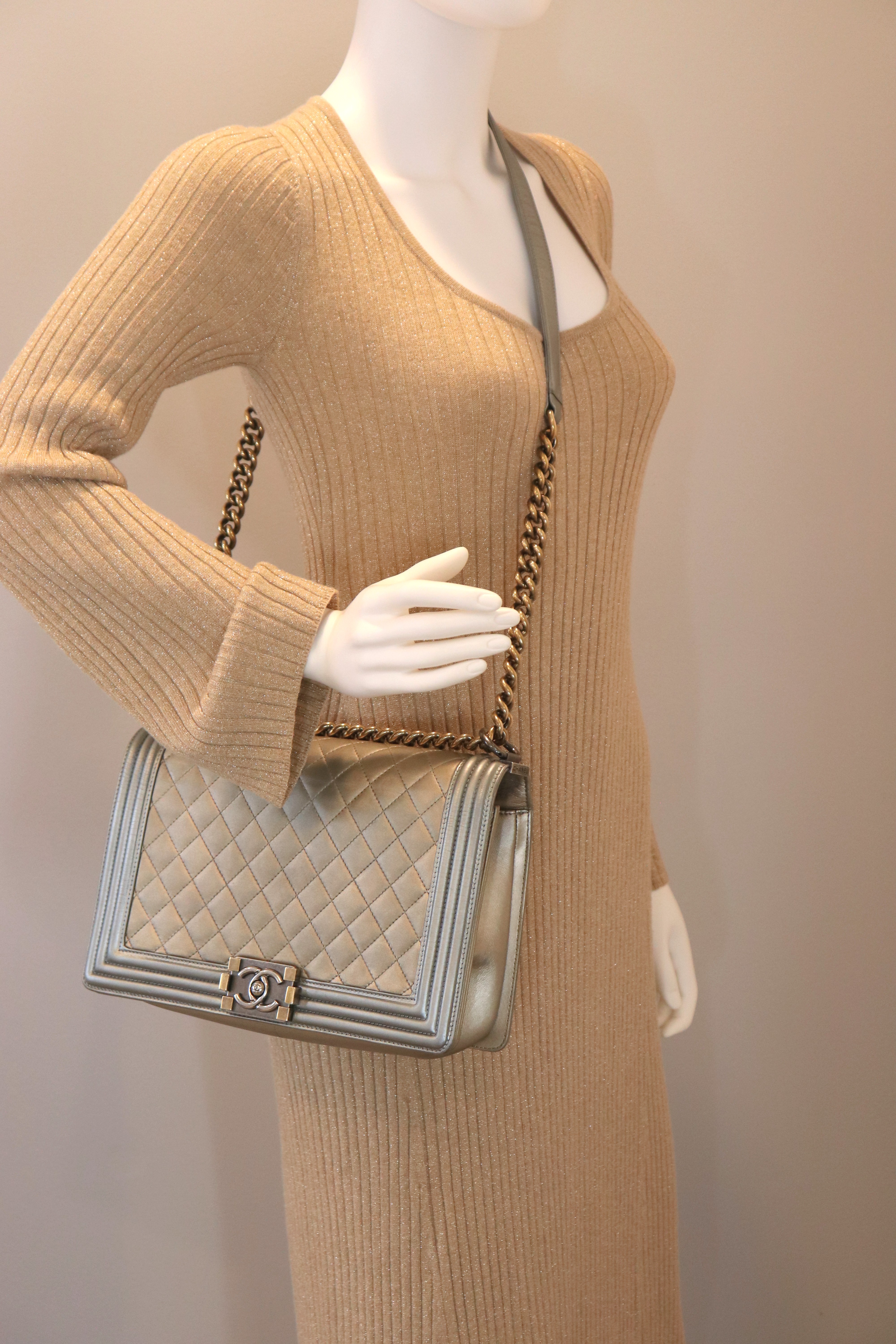 Chanel Gold Silver Leather Medium Boy Bag