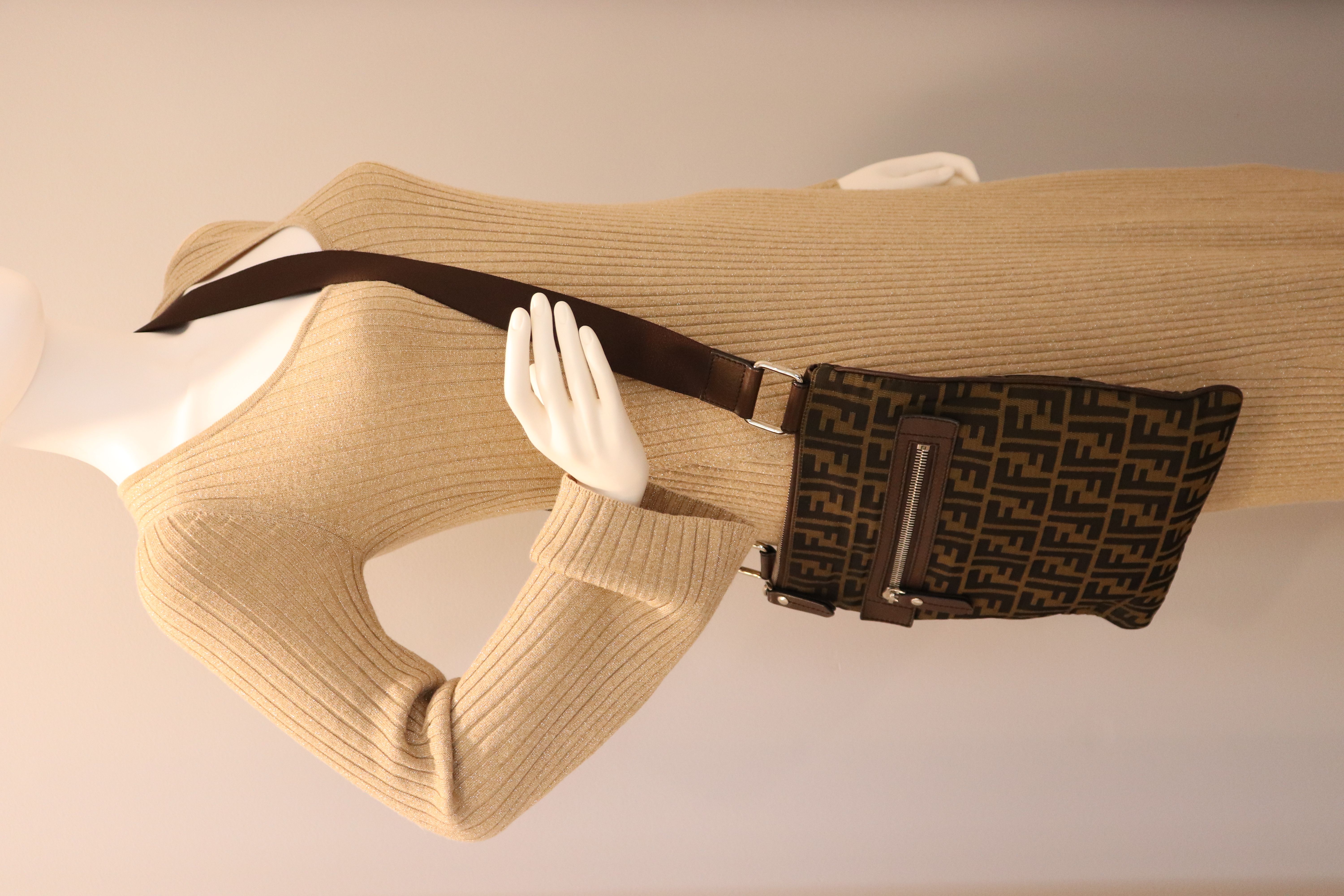 Fendi Vintage Front Zip Flat Messenger Bag Zucca Canvas Medium