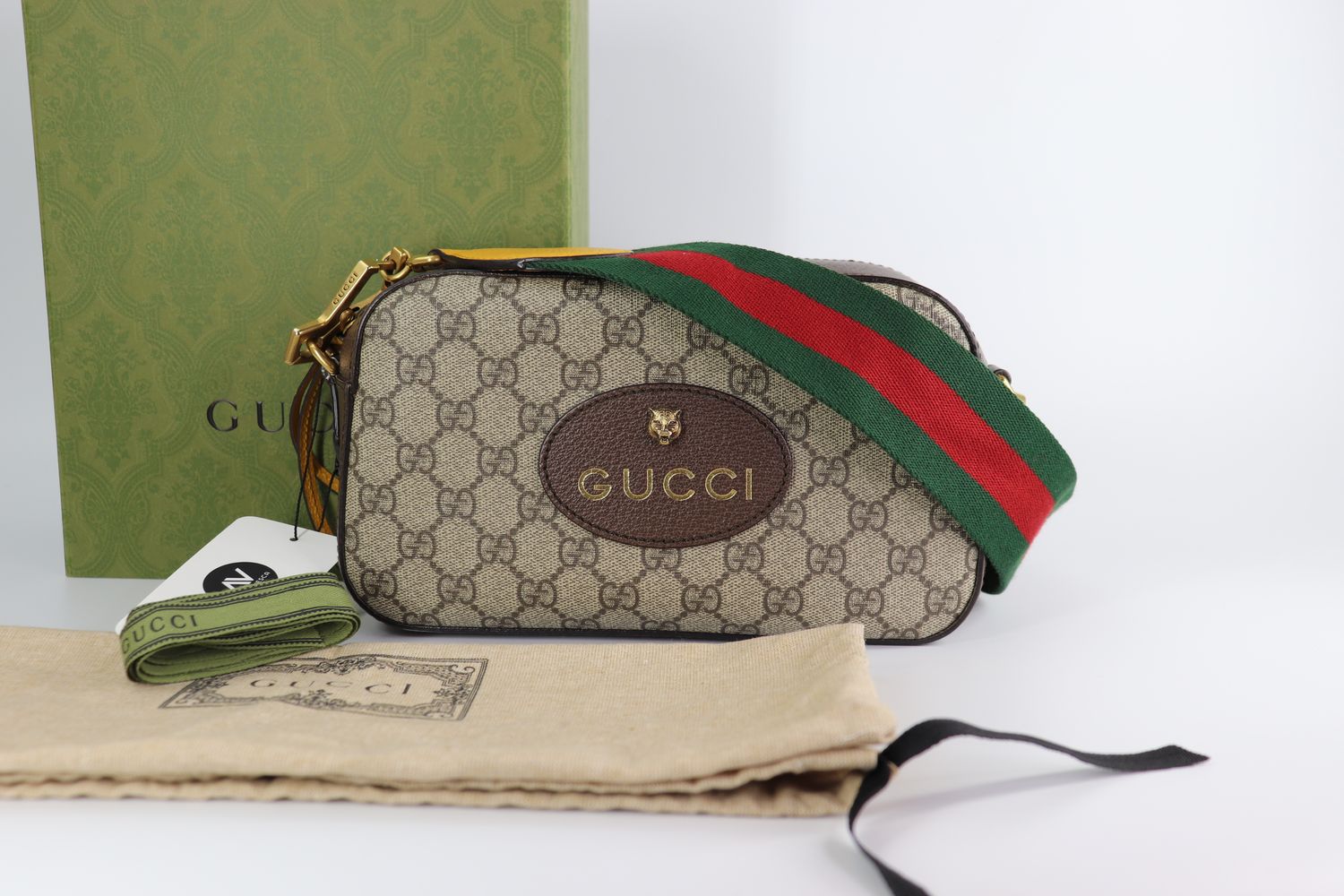Gucci GG Supreme Monogram Web Neo Vintage Shoulder Bag Beige New Acero Crop