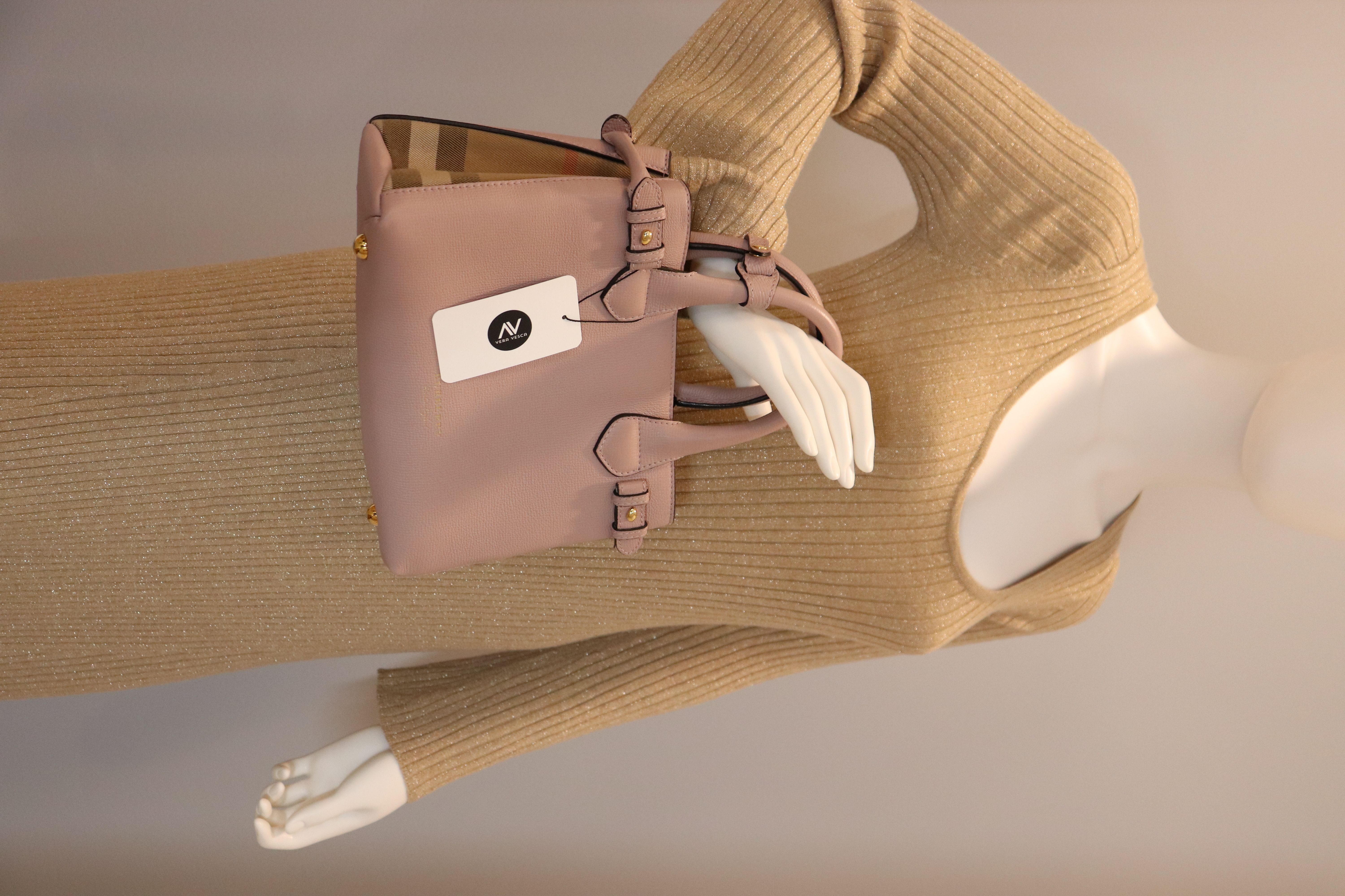 Burberry Banner Tote Leather and House Check Canvas Small Pale Orchid