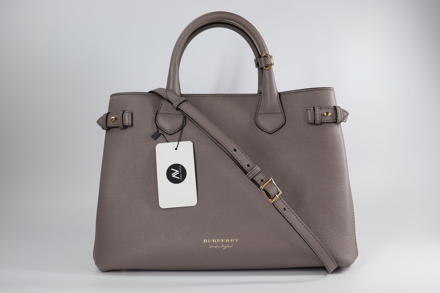 Burberry Derby Calfskin House Check Medium Banner Tote Pale Grey