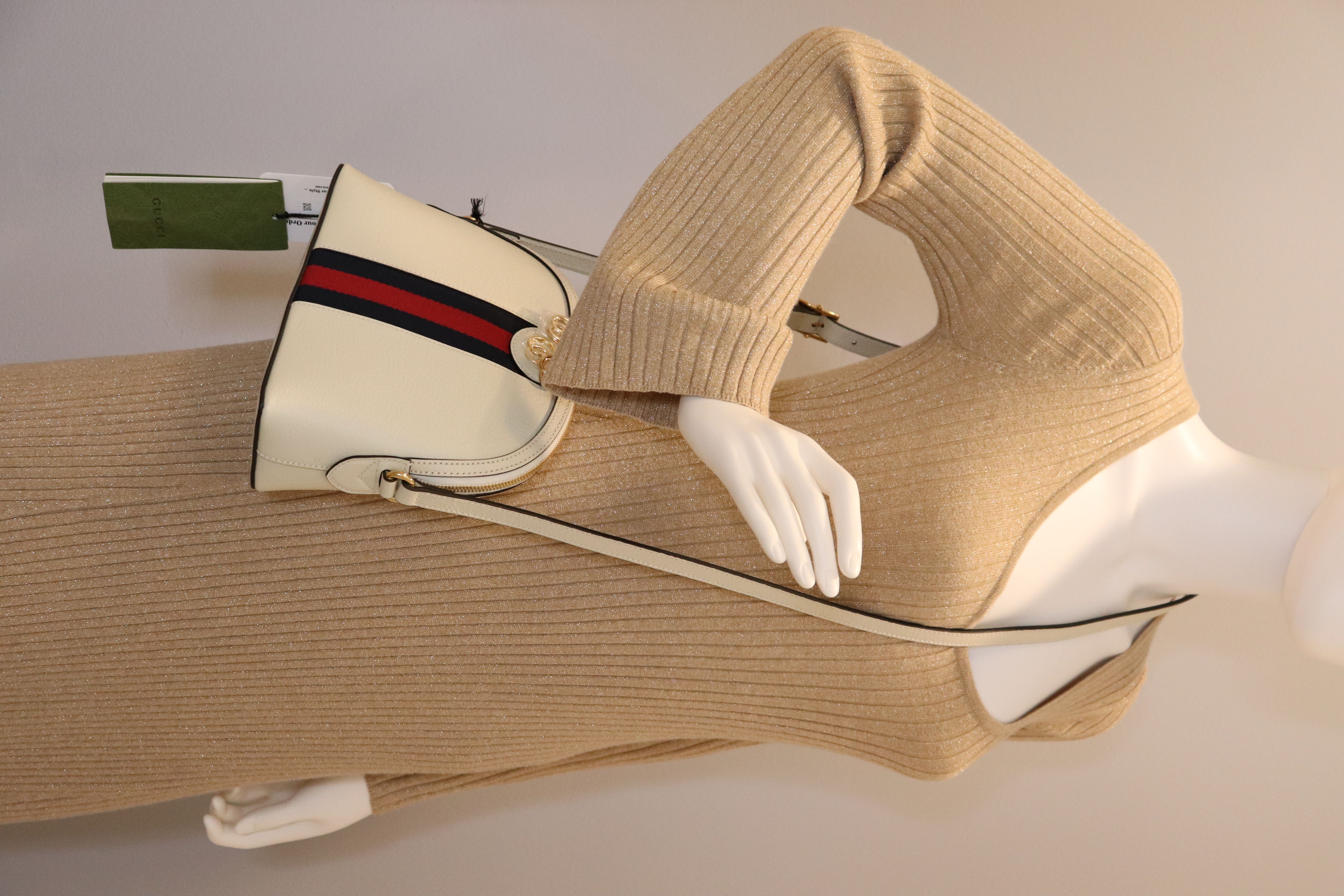 *NEW* Gucci Ophidia Dome Sherry Leather Web Stripe Cream White