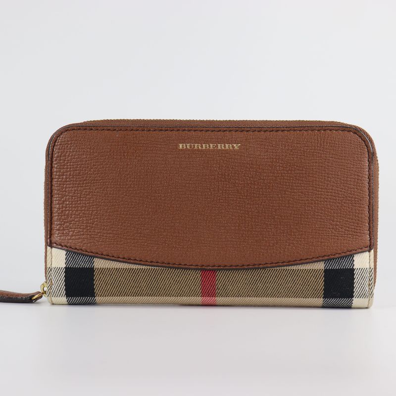 Burberry Grainy Calfskin House Check Elmore Zip Around Wallet ELMORE BROWN