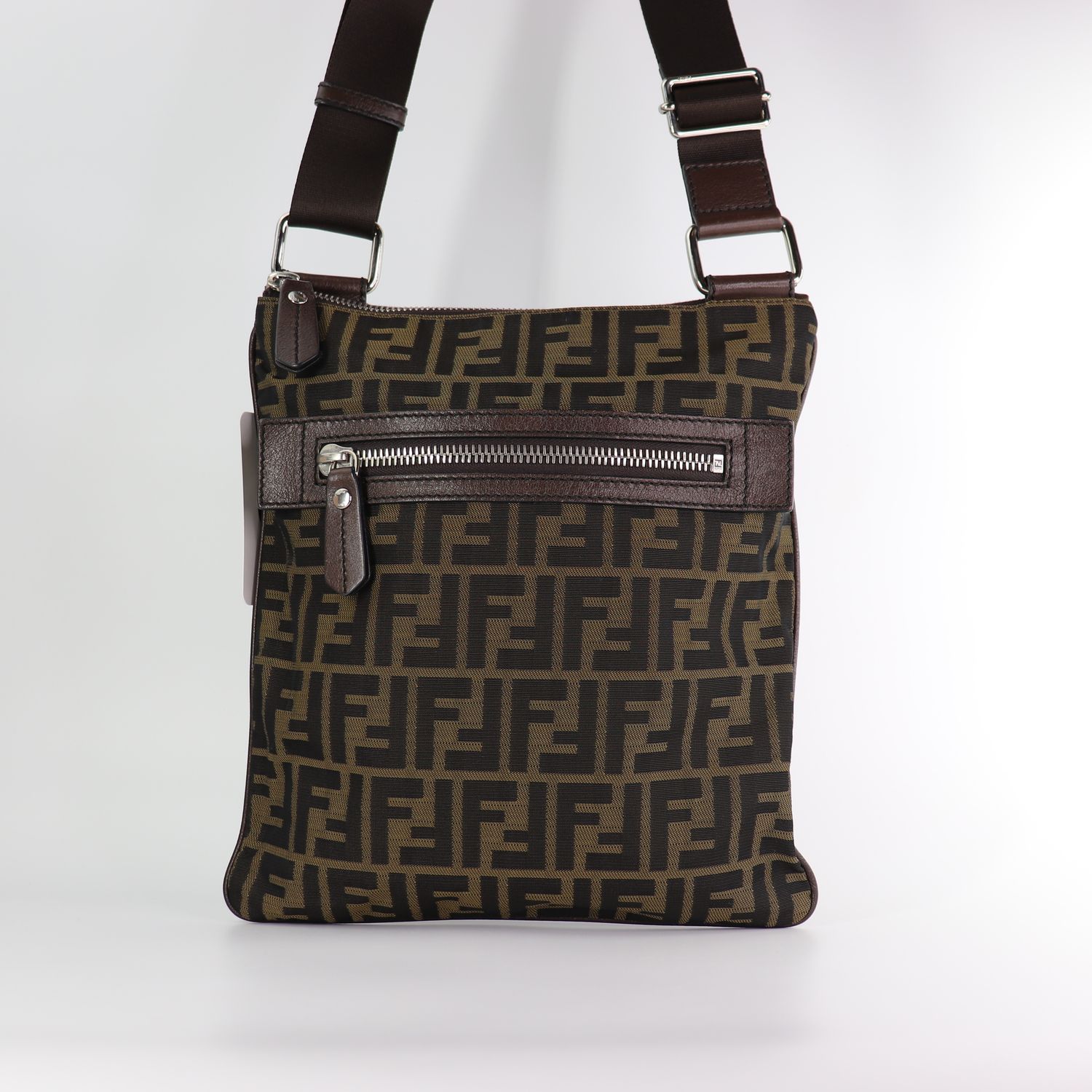 Fendi Vintage Front Zip Flat Messenger Bag Zucca Canvas Medium