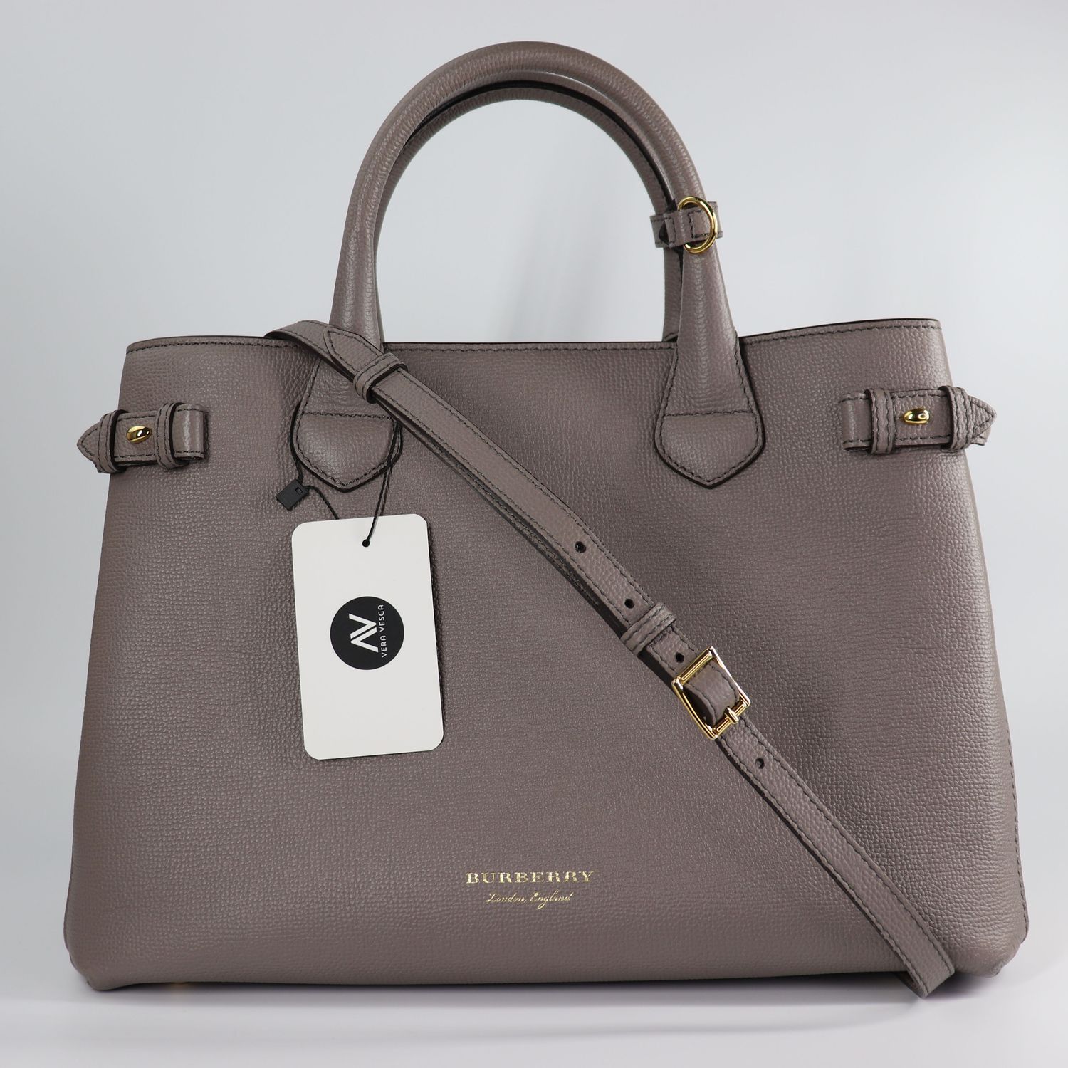 Burberry Derby Calfskin House Check Medium Banner Tote Pale Grey
