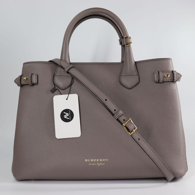 Burberry Derby Calfskin House Check Medium Banner Tote Pale Grey