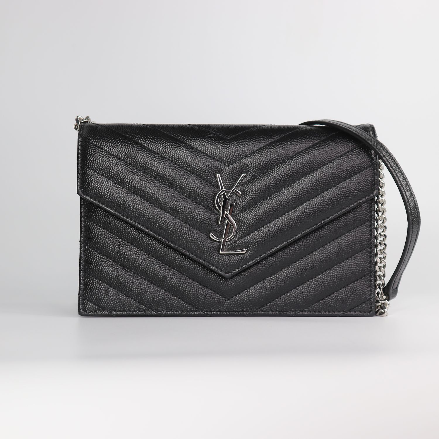 Saint Laurent Grain De Poudre Matelasse Chevron Monogram Envelope Chain Wallet Black