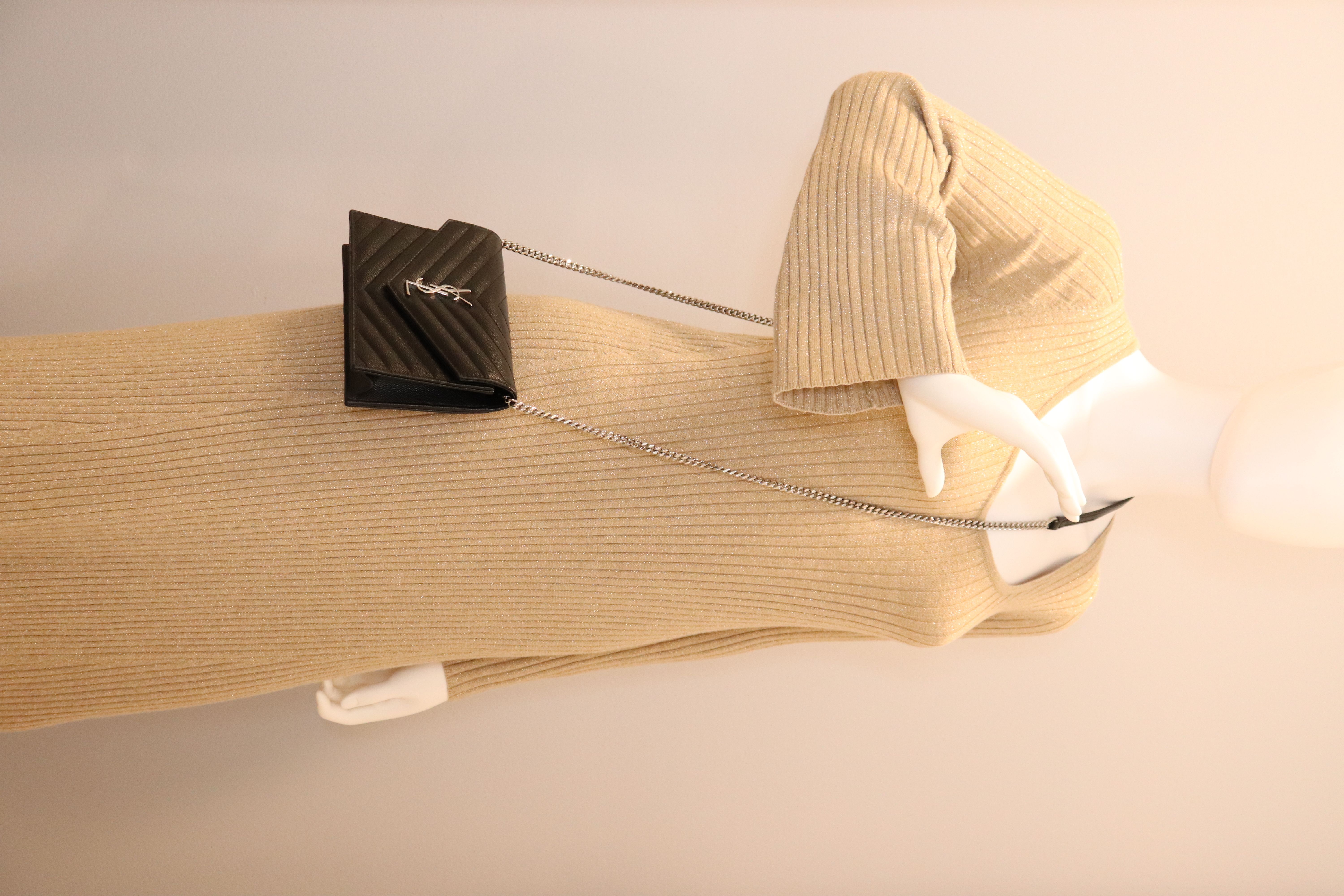 Saint Laurent Grain De Poudre Matelasse Chevron Monogram Envelope Chain Wallet Black