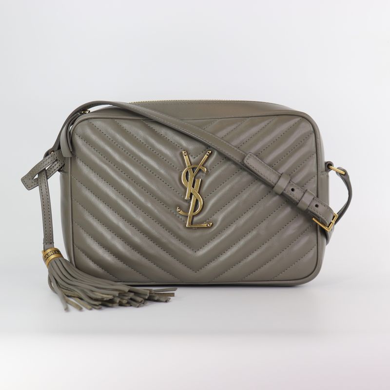 Saint Laurent Calfskin Matelasse YSL Monogram Lou Camera Bag Grey Kaki