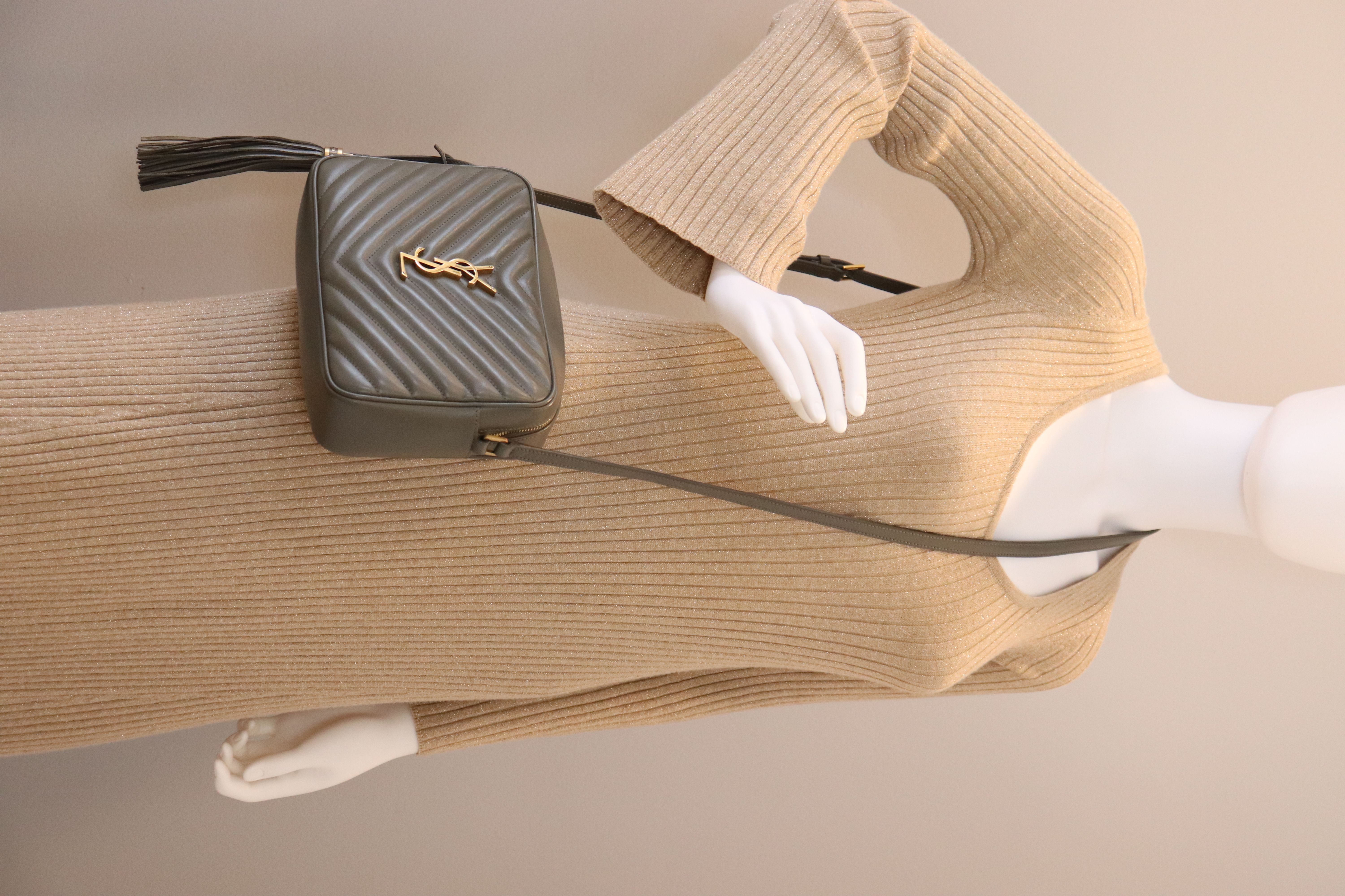 Saint Laurent Calfskin Matelasse YSL Monogram Lou Camera Bag Grey Kaki