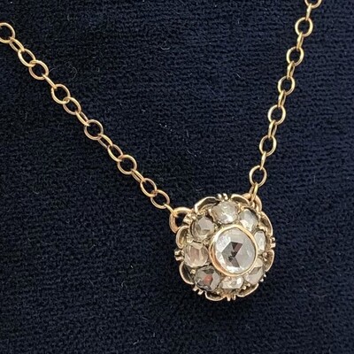 Victorian rose cut diamond cluster in 15ct rose gold on a 9ct rose gold chain