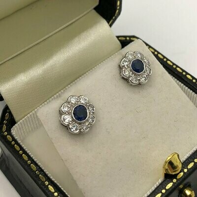 Antique style modern 18ct white gold sapphire and diamond cluster stud earrings