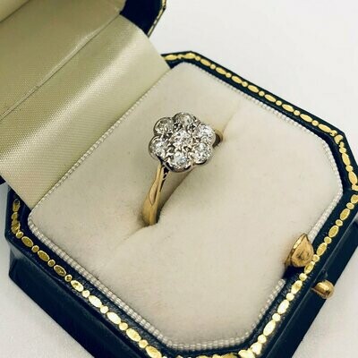 Victorian daisy cluster ring with aprox 1ct of old cut diamonds in 18ct yellow and white gold